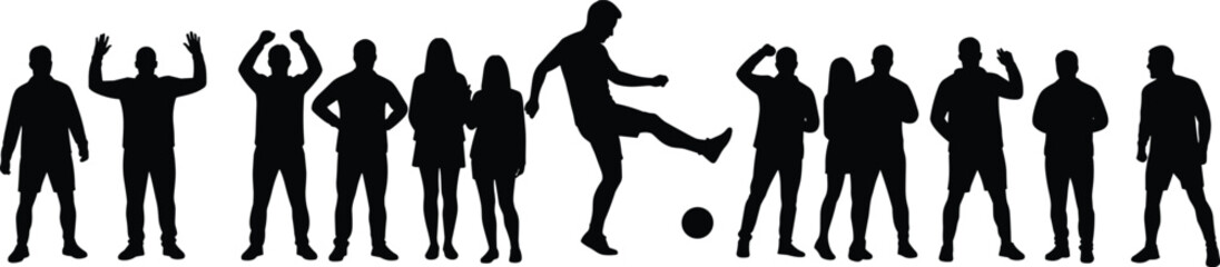 Silhouette of diverse people, standing, cheering, celebrating, playing soccer, vector illustration, group activity, teamwork concept, isolated on white