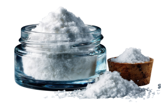 Sea salt in a glass jar and wooden bowl for cooking and seasoning on transparent background - Powered by Adobe