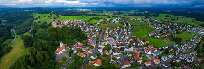 Aerial view of the village Waldburg in Germany on a cloudy afternoon in summer