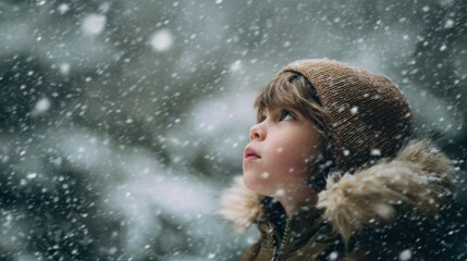 Young caucasian child in winter snowfall wearing brown coat and knit hat