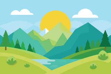 Obraz premium A vibrant mountain landscape with a lake reflecting the sun, trees, and hills, creating a scenic and peaceful outdoor environment