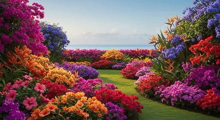 Obraz premium A breathtaking panoramic view of a lush tropical garden filled with vibrant, colorful flowers leading to the serene azure ocean on a sunny day