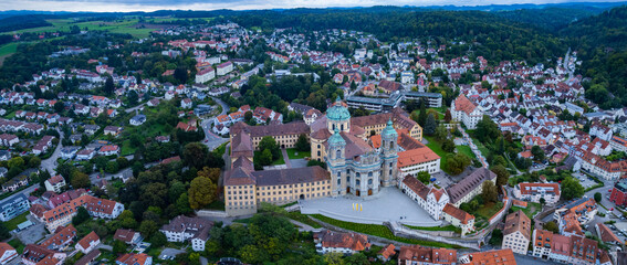 Aerial view around the old town of the city Weingarten, Ravensburg in Germany on am overcast...