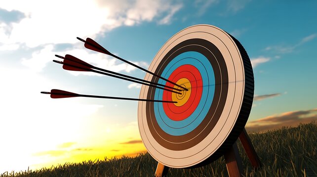 Archery target with arrows hitting the bullseye at sunset