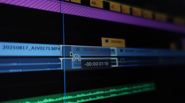 Video timeline displayed in professional editing software, showing the editing process of cutting and adjusting clips into the correct sequence