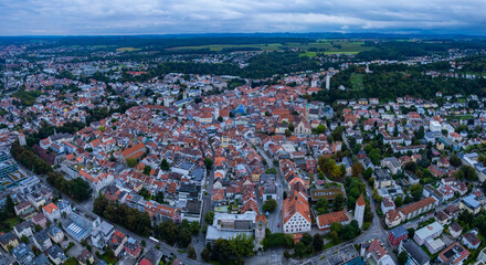Aerial of the city Ravensburg in Germany on a cloudy day in summer