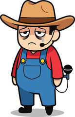 Cartoon Vector Illustration of Sad Cowboy Performer with Tearful Face, Headset Mic, Brown Hat, Red Shirt, and Blue Overalls Design