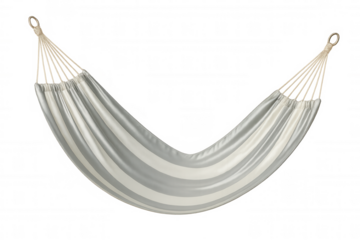 Striped hammock suspended, symbolizing tranquil summer relaxation, floating against transparent background for seamless graphic design integration