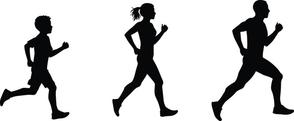 Silhouette of father, mother and son running together, fitness, family exercise, outdoor activity, healthy lifestyle, jogging, teamwork, motion, sport