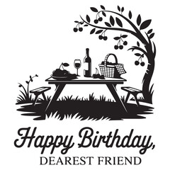 Black silhouette of a picnic under a cherry tree with happy birthday text celebration party