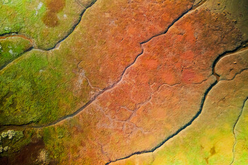 Top down view of Vivid colorful volcanic river basin landform in Iceland.