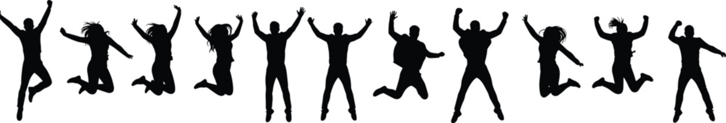 Silhouette of group people jumping in joy, energetic happy motion, male and female figures, vector illustration for lifestyle concept stock