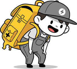 Cartoon Vector Illustration of Smiling Character with Oversized Yellow Backpack, Gray Cap, White Shirt, Emergency Kit Symbol, and Playful Pose