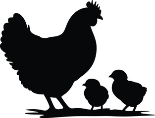 Silhouette of hen with chicks, mother chicken walking with baby birds, farm poultry illustration, animal family vector, domestic bird graphic, simple black design