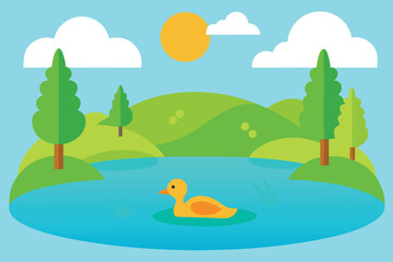 A serene lake with a duck swimming, surrounded by trees and hills under a sunny sky with clouds, ideal for naturethemed designs