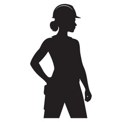 Black silhouette of a woman wearing a hard hat and tool belt construction