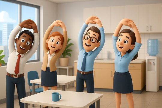 Office workers doing stretching exercises – workplace wellness and healthy habits
