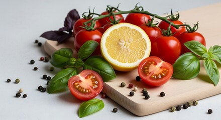 Ripe red tomatoes fresh green basil and sliced lemon with peppercorns image