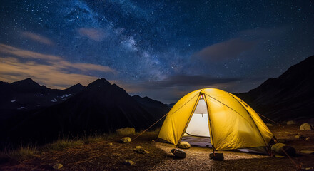 Cozy tent under starry night sky in mountains