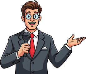 Cartoon Vector Illustration of Smiling Man in Suit Holding Microphone and Gesturing While Speaking or Presenting on White Background