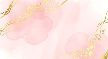 Elegant Pink Watercolor Background with Gold Abstract Lines and Dots for Luxury Design