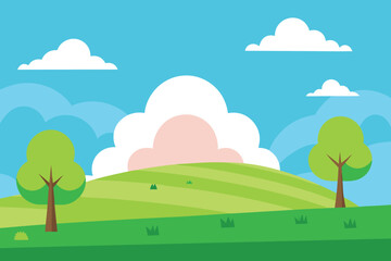 Obraz premium Serene landscape illustration featuring rolling green hills, fluffy clouds, and lush trees, perfect for conveying a sense of tranquility and natural beauty