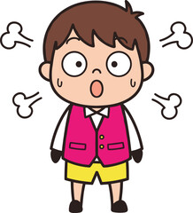 Cartoon Vector Illustration of Surprised Child with Puff Symbols, Pink Vest, Red Tie, Yellow Shorts, and Expressive Shocked Pose on White Background