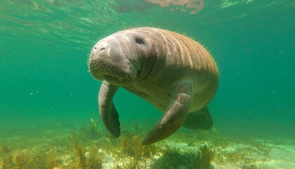 A serene manatee gracefully swims in vibrant, underwater surroundings.