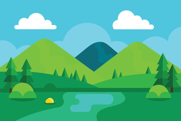 Obraz premium A picturesque mountain landscape illustration featuring a serene lake, lush green forests, and fluffy clouds under a bright blue sky on a peaceful day