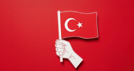 Turkish Flag in Hand: A detailed illustration presents a hand proudly holding aloft the national flag of Turkey, set against a bold, solid red backdrop.
