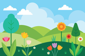 A picturesque landscape with rolling hills, lush greenery, and colorful flowers under a bright sky with fluffy clouds, creating a serene and inviting scene