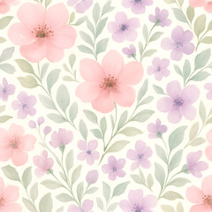 Obraz premium Delicate Seamless Floral Pattern Background with Watercolor Flowers and Leaves in Pastel Pink, Lavender, and Green – Hand-Painted Aesthetic for Feminine Branding 