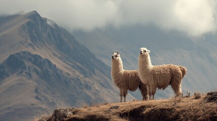 Adorable Llamas on a Ridge Overlooking Majestic Andean Mountains