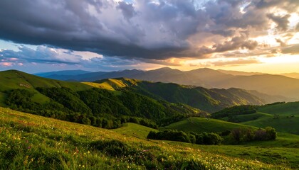 Obraz premium A breathtaking vista of rolling hills and mountains bathed in the golden hues of a sunset, with vibrant green foliage and scattered wildflowers.