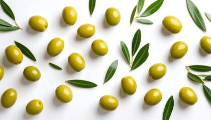 Elegant arrangement of green olives and leaves creating a fresh, natural pattern