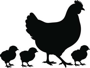 Silhouette of hen with chicks, black poultry vector, mother chicken illustration, farm animal design, rural livestock clipart, baby birds walking, nature themed art