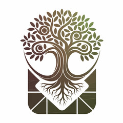 Stylized tree with flowing branches and roots, symbolizing growth and connection.