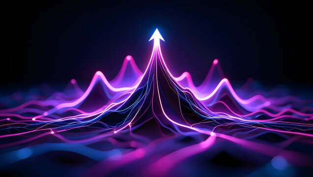 Upward Trajectory: A mesmerizing visual of a bright, luminous arrow piercing upwards through an abstract landscape of vibrant light waves, symbolizing growth, progress, and the pursuit of advancement.