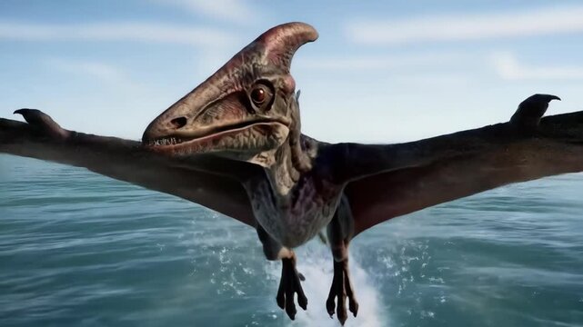 Majestic pterosaur soaring over ocean capturing prey in midflight
