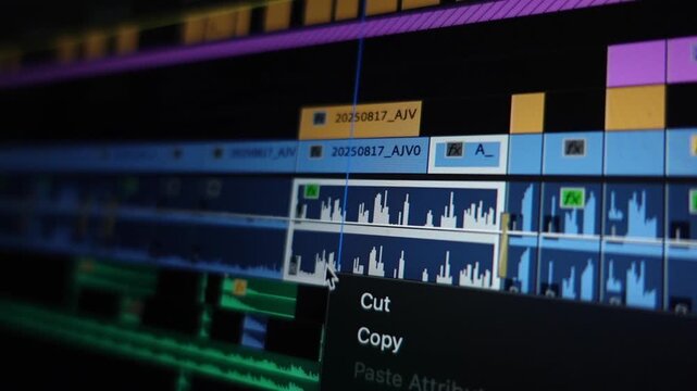 Close-up shot of a video editing timeline on a computer monitor, illustrating the post-production workflow.