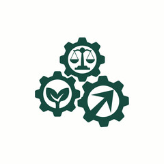 Green gear icons showing justice, growth, and progress symbols.