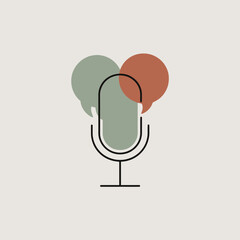 Minimalist microphone icon with overlapping speech bubbles symbolizing communication.