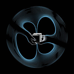 Two abstract hands exchange a box within glowing circular lines.