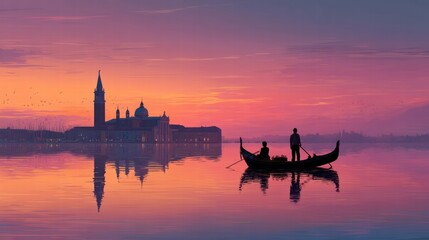 Naklejka premium Venetian gondolas under glowing evening sky with sparkling water surface.
