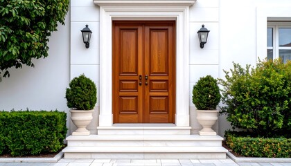 A grand, double wooden door welcomes visitors to a stately white home, framed by lush green landscaping and elegant architectural details.