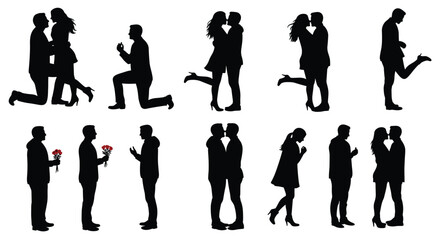 Silhouette of romantic couples kissing, hugging, giving flowers, n, love, affection, Valentine’s Day, relationship moments