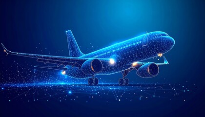 A digital, stylized illustration of an airplane in flight, depicted using a network of interconnected lines and points.
