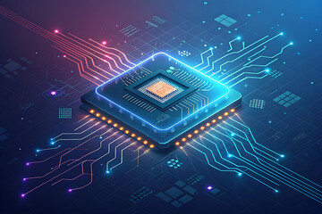 Futuristic glowing microchip on circuit board with neon blue, pink, and purple data pathways. Ideal for AI, computing, electronics, and advanced digital technology visuals.
