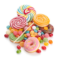 Colorful assortment of sweet candies and lollipops on a white background
