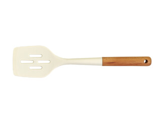 Minimal style kitchen spatula with white silicone head and wooden handle, isolated on transparent background